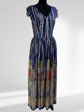 Eshakti Navy & Fall tones Citrus print Maxi Dress Chiffon CUSTOM SIZE 6 TALL
